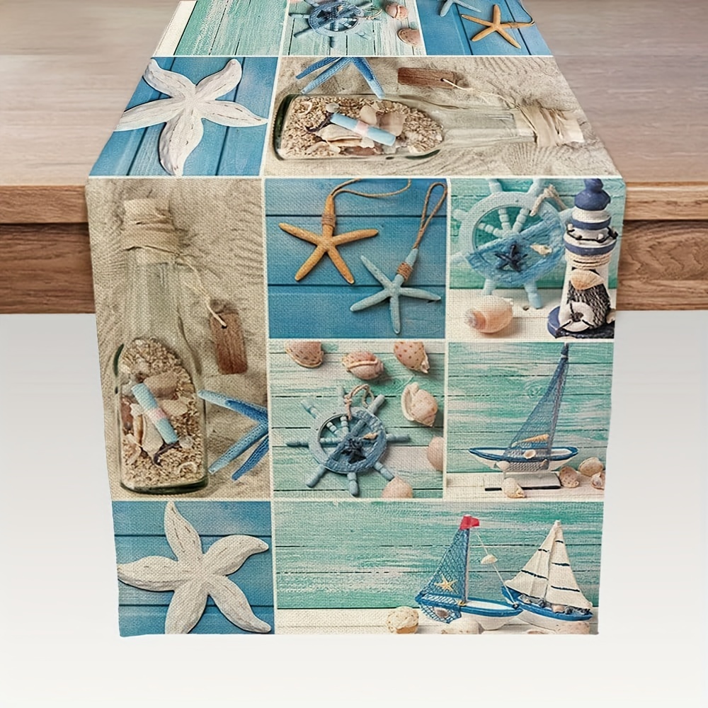 

1pc, Table Runner, Coastal Series Table Runner, Starfish And Boat Printed Table Runner, Dustproof & Wipe Clean Table Runner, Perfect For Home Party Decor, Dining Table Decoration, Aesthetic Room Decor