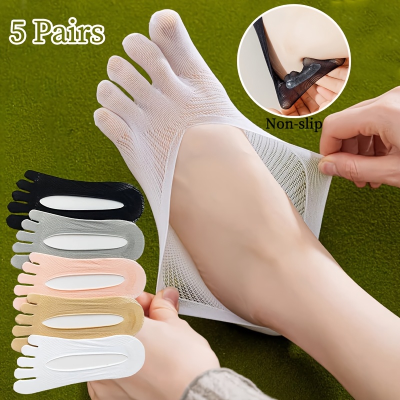 TEMU 5 Pairs Solid Color Women's Toe Socks, Summer Ultra-thin Hollow Mesh Socks Anti-slip No Heel Drop Toe Separator High Heels Socks Invisible Boat
