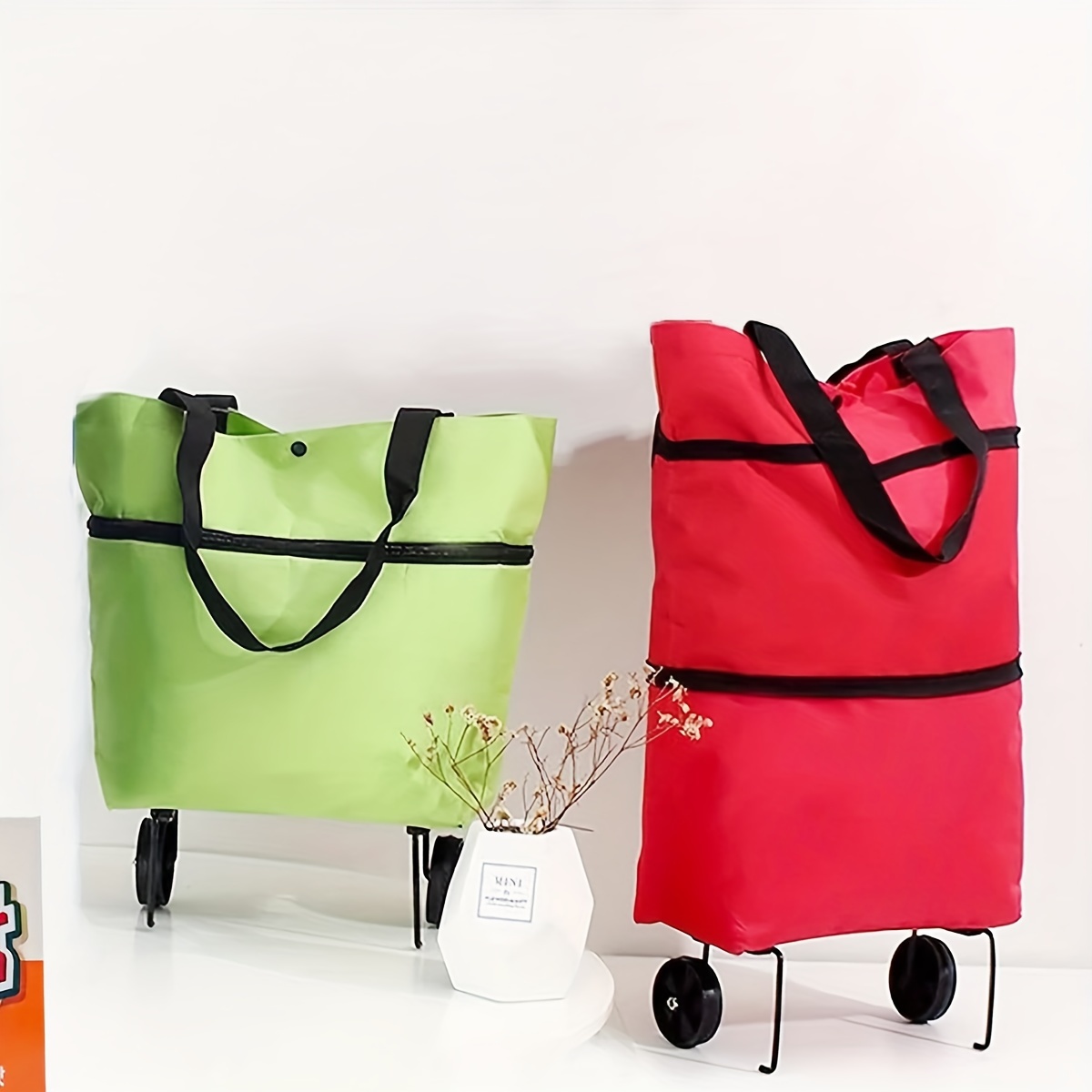 1-3pcs Foldable Large Capacity Shopping Cart with Wheels - Red, Durable Plastic, Leak-proof, Multi-compartment Shopping Cart for Groceries etc., Foldable