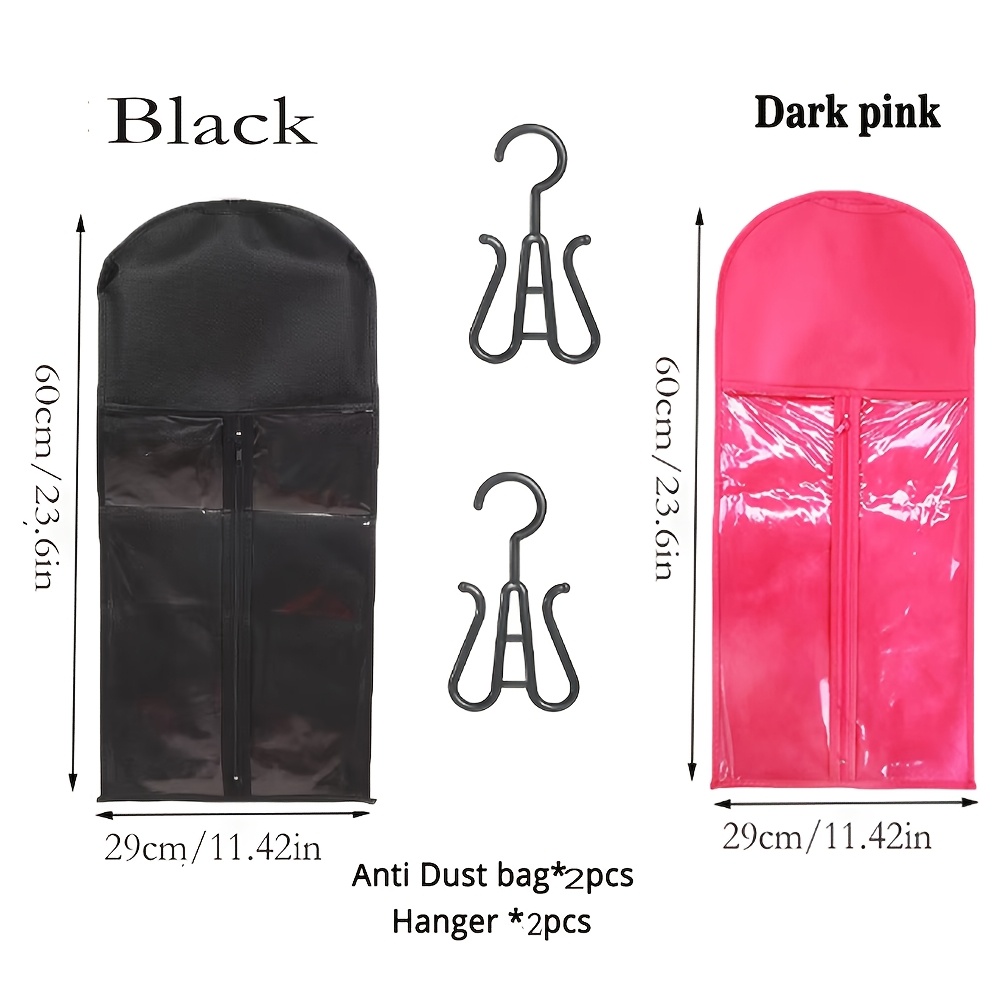 TEMU 4pcs Wig Storage Bag Set, Including 2 60 Bags And 2 Hooks, Black And Rose Red Combination, Suitable For Wig Storage, Portable Wig Storage Tool