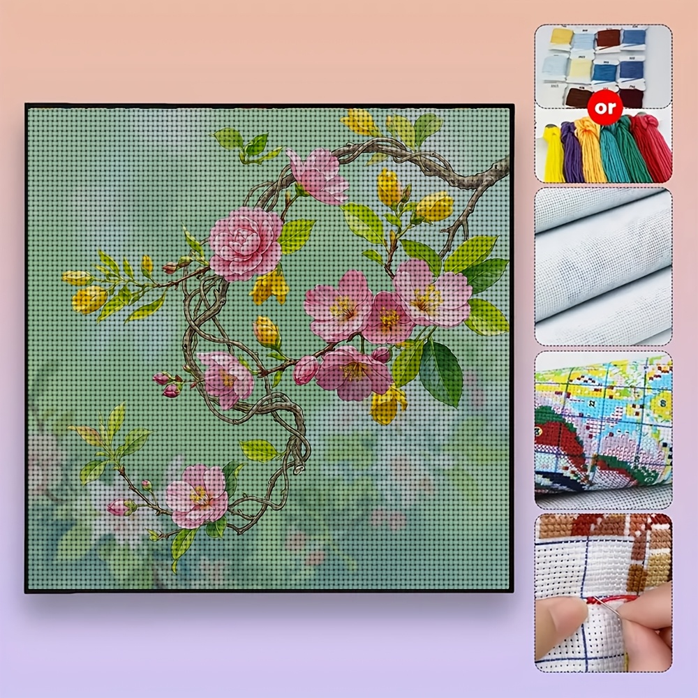 New Cross Stitch Printed Kit, Frameless, "Pink Yellow Flower Green Leaf"