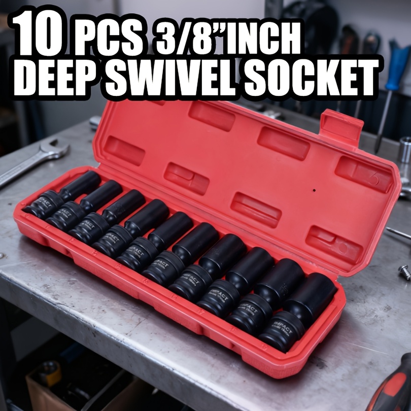 TEMU 10pcs Seketman Swivel Socket Set, 3/8" Deep Socket Set, Metric Size, 10-19mm, Adjustable Head, High Quality Cr- Made, Laser Marking, Easy To