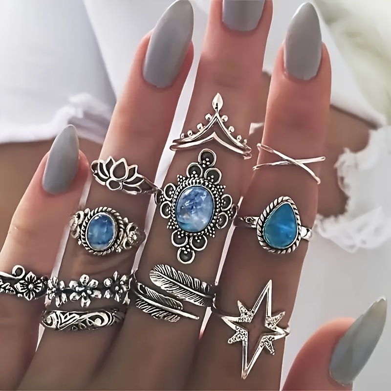 

11pcs Vintage Synthetic Gemstone Ring Set - Bohemian Moon And Star Rings, Antique Silvery Tone Jewelry For Layering And Stacking, Boho Fashion Accessory