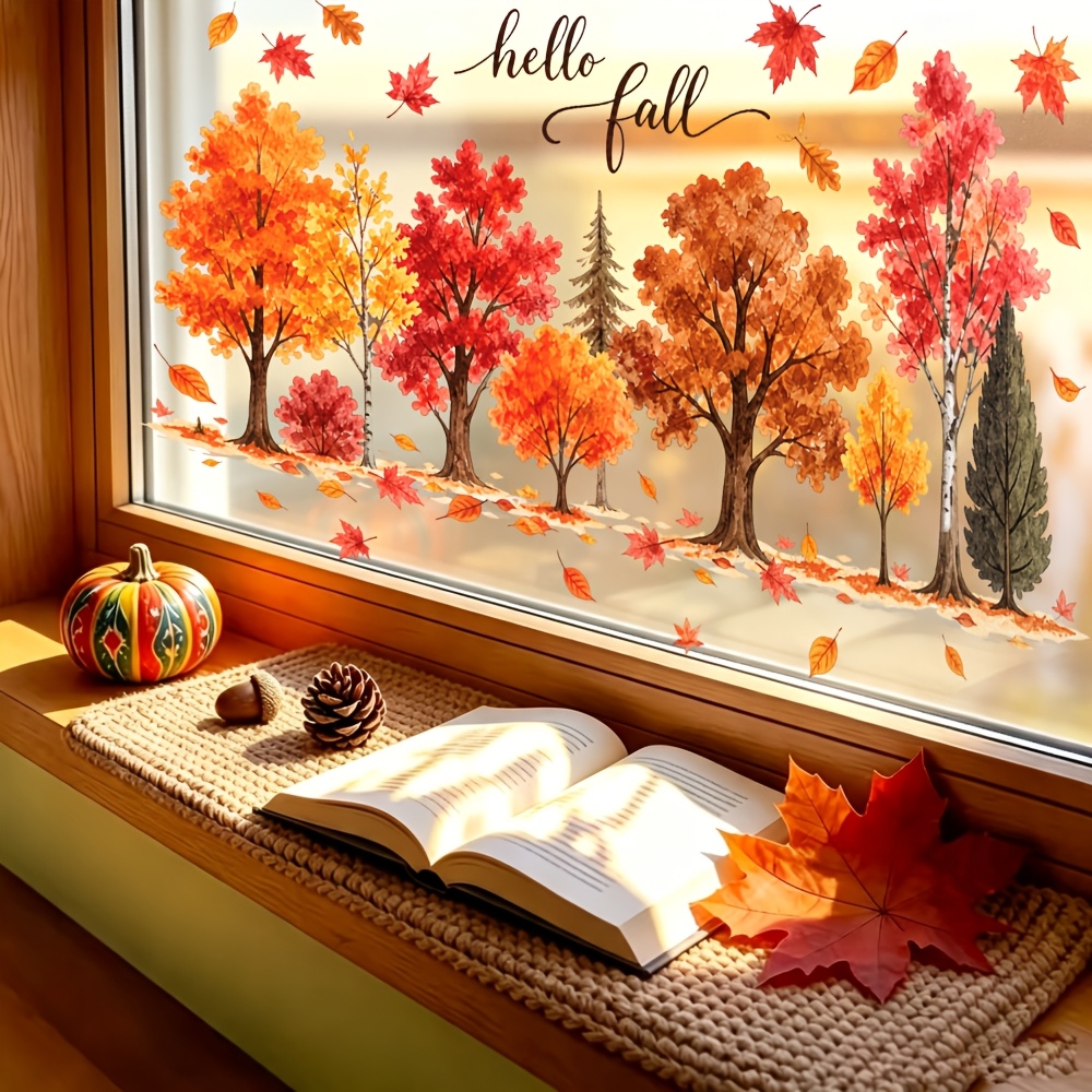 TEMU 1pc Vibrant Autumn Scenery Static Cling Window Sticker Colorful Trees And Leaves For Room Bedroom Glass Decoration Removable Reusable Seasonal