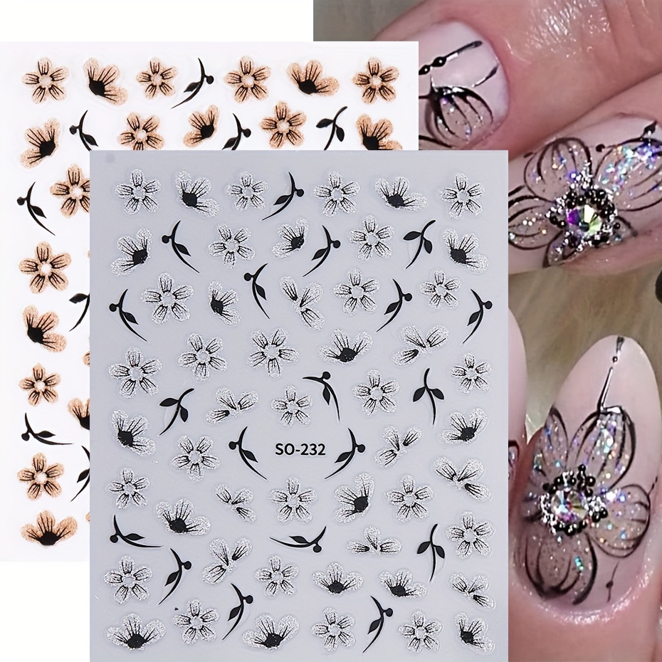 

2 Sheets Of Nail Stickers With Golden And Silvery Glitter Flower Designs So-232