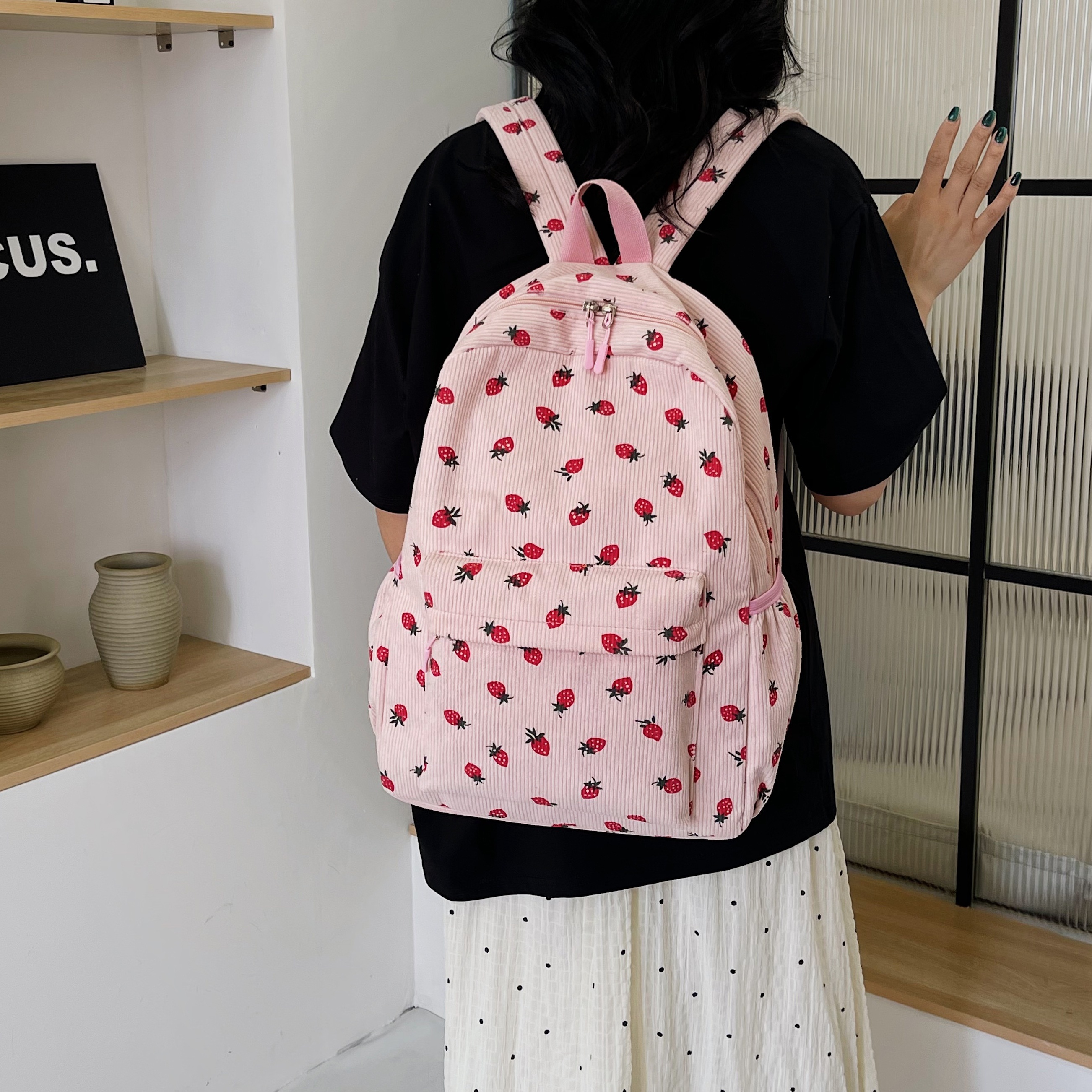 

Ladies Pink Strawberry Print Backpack, Corduroy College Style Bag With Laptop Compartment, Casual Daypack For Daily Outfits