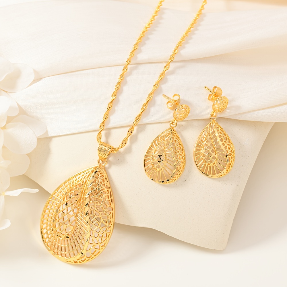 

Gold- Copper Jewelry Set For Women - Drop Pendant Necklace & , For Weddings And Banquets