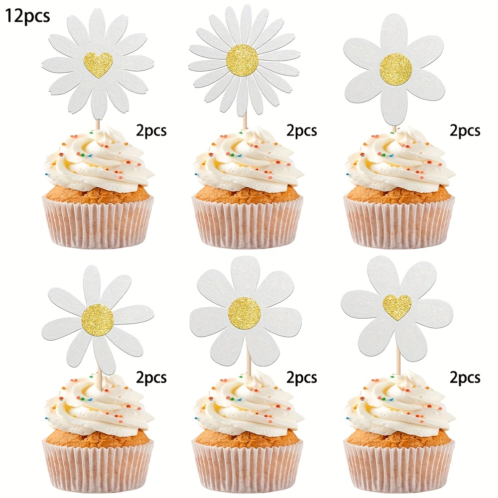 Image of 12pcs/24pcs White Daisy Cupcake Toppers Glitter Sunflower Spring Birthday Cupcake Picks For Wedding Birthday Party Cake Decorations Supplies