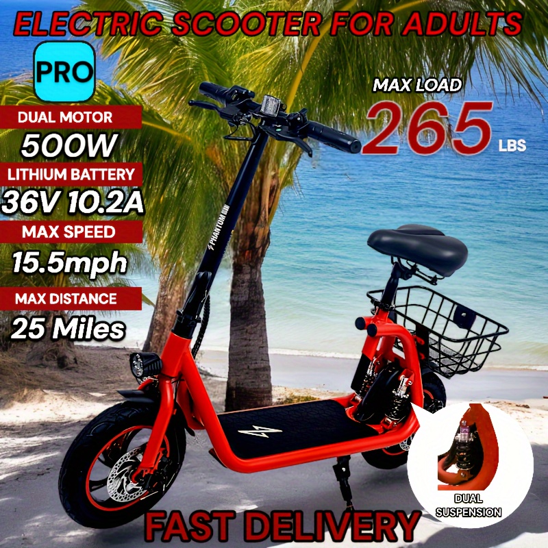 

R1 Scooter For Adults - Foldable Scooter With Seat & Carry Basket - 500w Brushless Motor 36v - 15mph 265lbs Max E Mopeds For Adults - Red