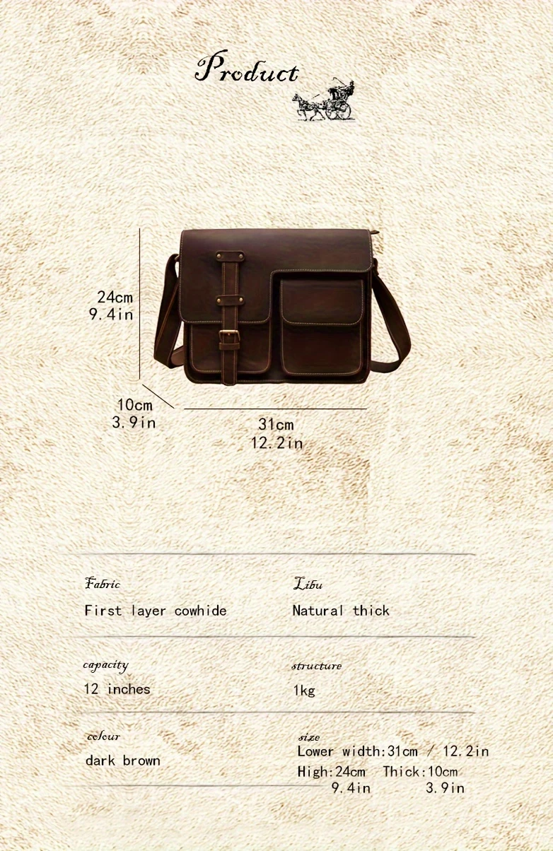 mens vintage style genuine leather messenger bag with adjustable strap casual handcrafted crossbody satchel with multiple pockets scratch repairable daily accessory details 2