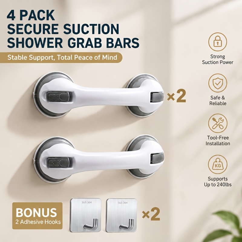 TEMU 2pcs No Drill + 2pcs Heavy Duty Adhesive Hooks, Strong Suction Anti-slip Grab Handles For Elderly, Toilet Safety Handrail, Shower Anti-fall