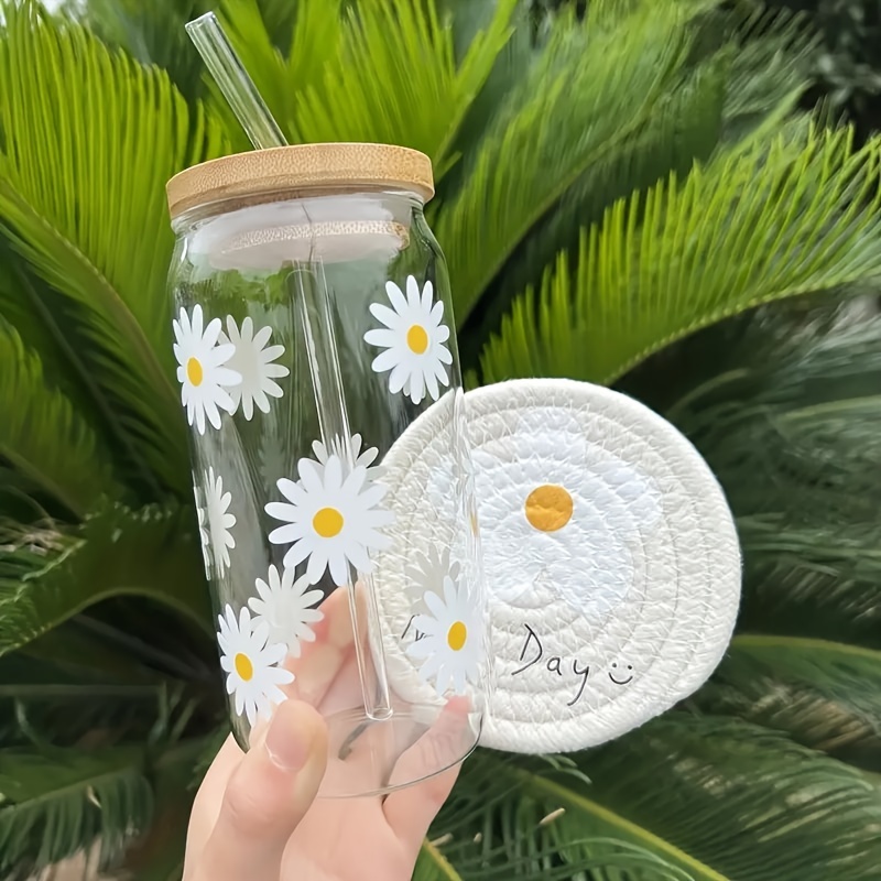 

1pc, Daisy Pattern Drinking Glass With Lid And Straw, 16oz Can Shaped Water Cup, Iced Coffee Cup, For Tea, Juice, Milk, Birthday Gifts, Drinkware