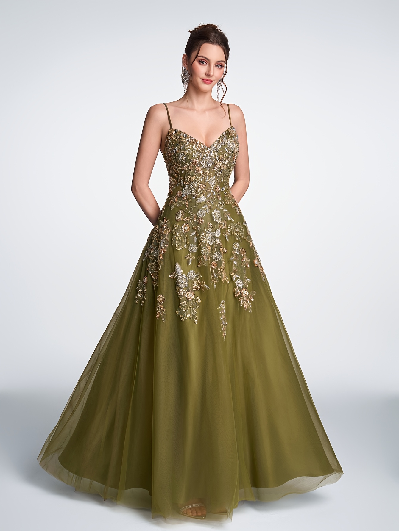 slim fit dress slacks Tulle Green Long Prom Dress A-Line Evening Dresses with Train PSK418 US0 / Green