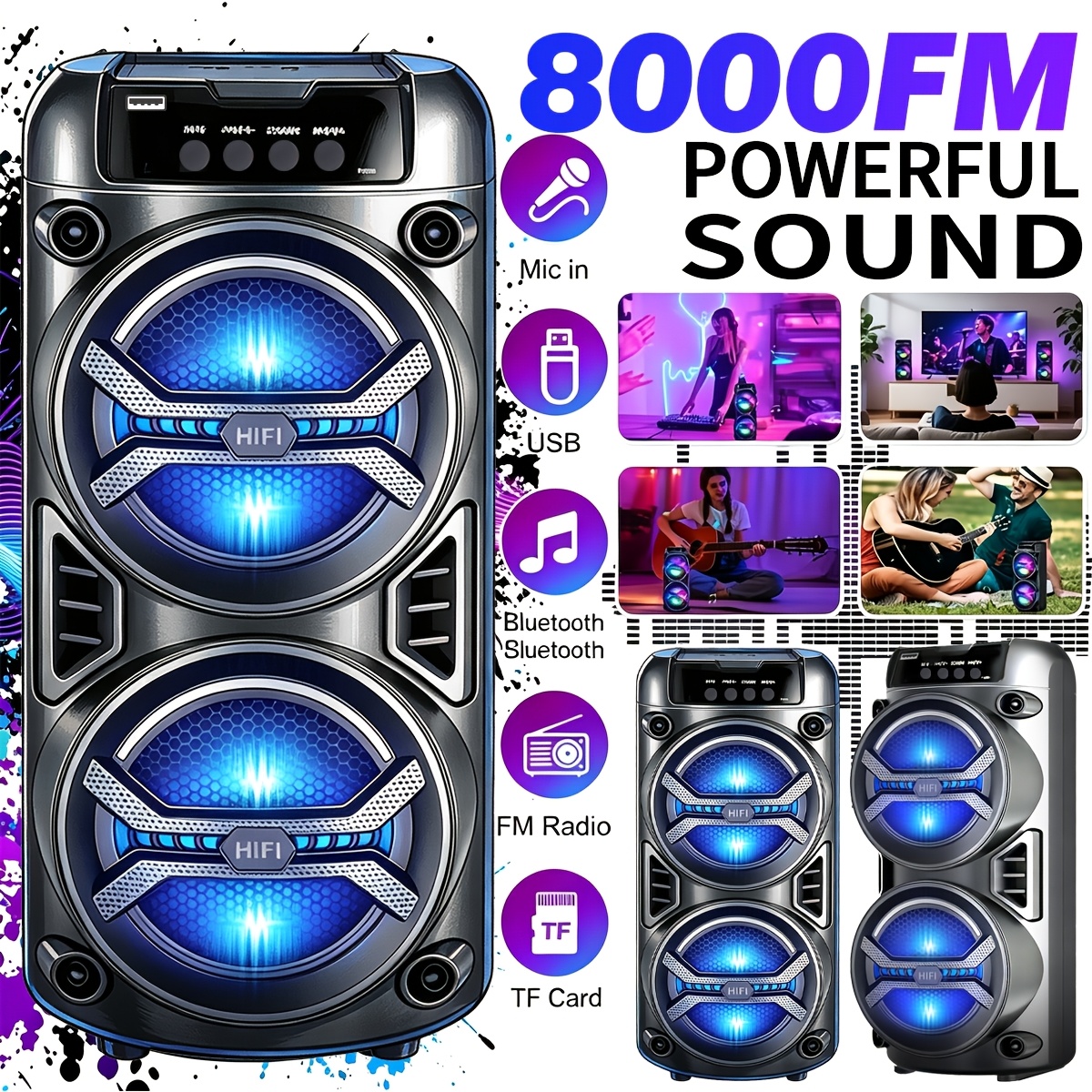TEMU Dual Speaker Wireless Wireless 5.3 Speaker System With Rgb Lighting, Usb- Portable Subwoofer Suitable For Outdoor Parties, Music, Beach,
