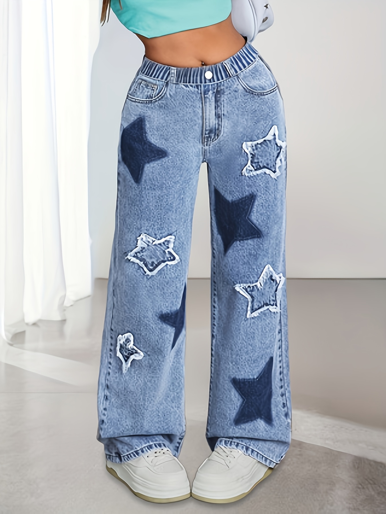 Girls' Y2K Star Patch Embroidery American Style Straight Slim Jeans. Retro Street Style for Big Kids, Elastic Waist And Soft Fabric, All-Season Wear. Perfect for Back-To-School, Skate, Roller Skating, Christmas And Halloween. Fits 7-15 Years