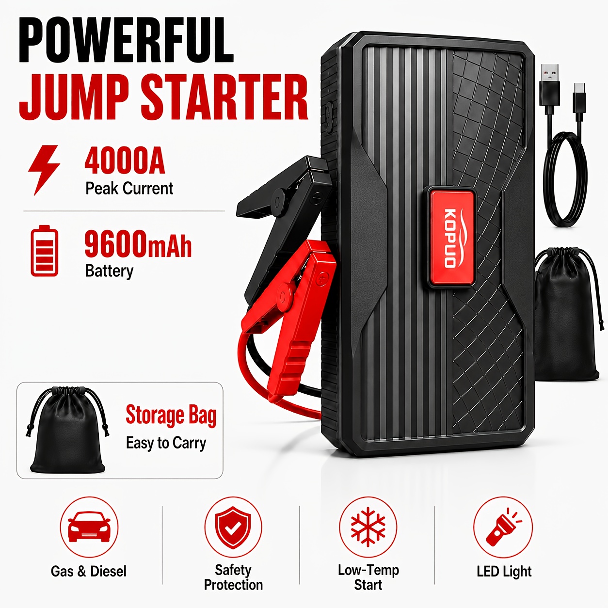 Image of Kopuo Car Jump Starter 9600/12800mah, Portable Car Battery Booster For 12v Cars, Suvs & Trucks, Up To 8.5l Gasoline & 6.5l Engines, Smart Clamps, -40°c , Led Emergency Light, Power Ban