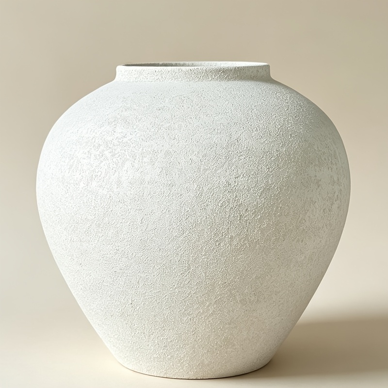 TEMU White Rustic Large Round Vase For Table Centerpieces Earthy Stone Look, Handmade Production Metal Material Textured, Modern Homes Farmhouse