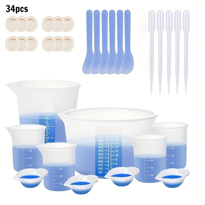 34pcs Durable Silicone Resin Mixing Kit - Complete Epoxy Measuring Tools With 600ml, 250ml, 100ml Cups & Stir Sticks - Resin Supplies