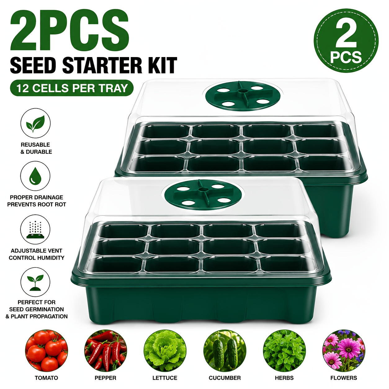 TEMU 8pcs Seed Germination Tray Set With Raised Lids - Includes 2 Ventilated Hole Lids + 2 Clear Lids + 2 Seedling Trays + 2 Bases - Ventilated Lids