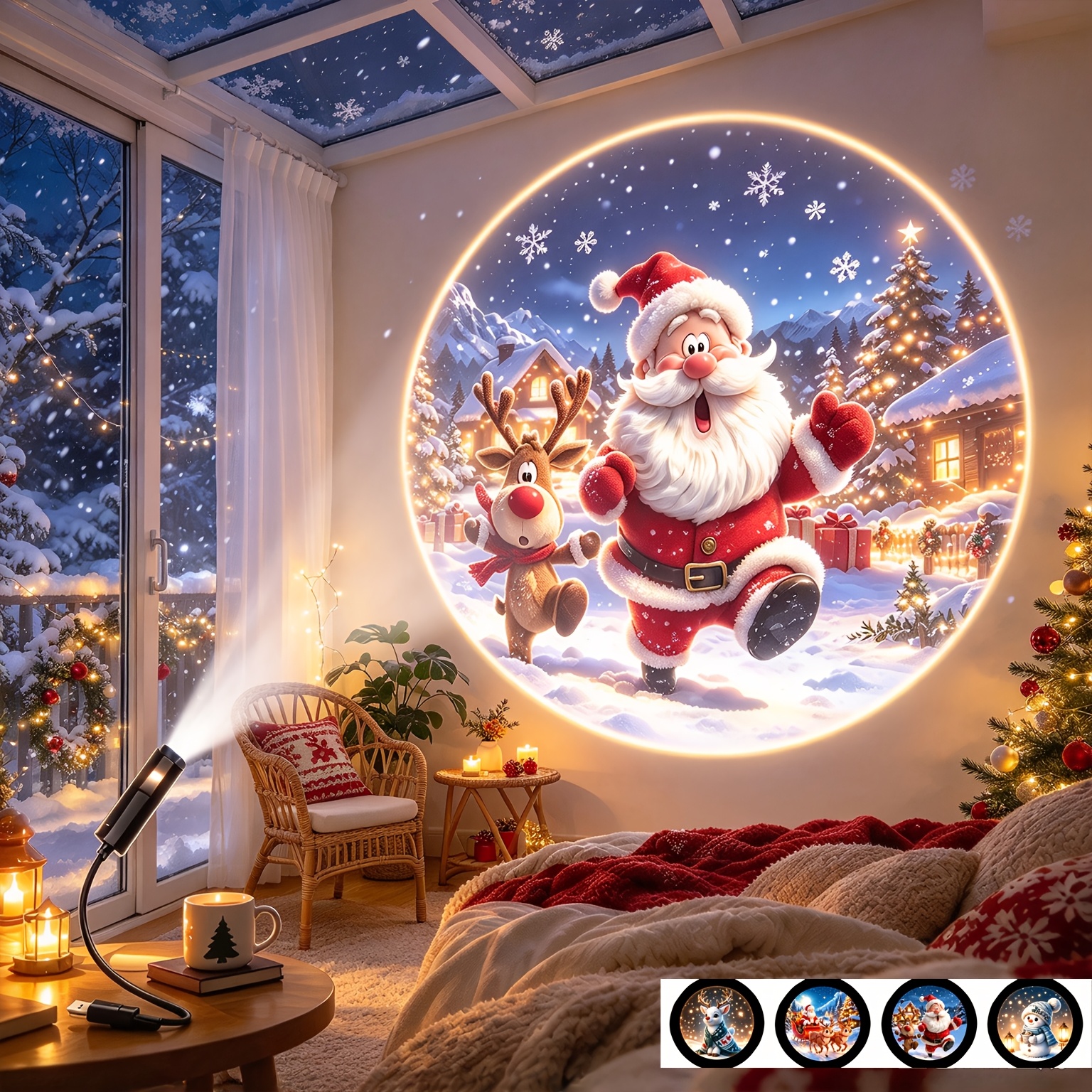 TEMU Proyector de luz LED con temática navideña con 4 paneles de luz, proyector multimodo con patrones de árbol de Navidad, Papá Noel, y reno.