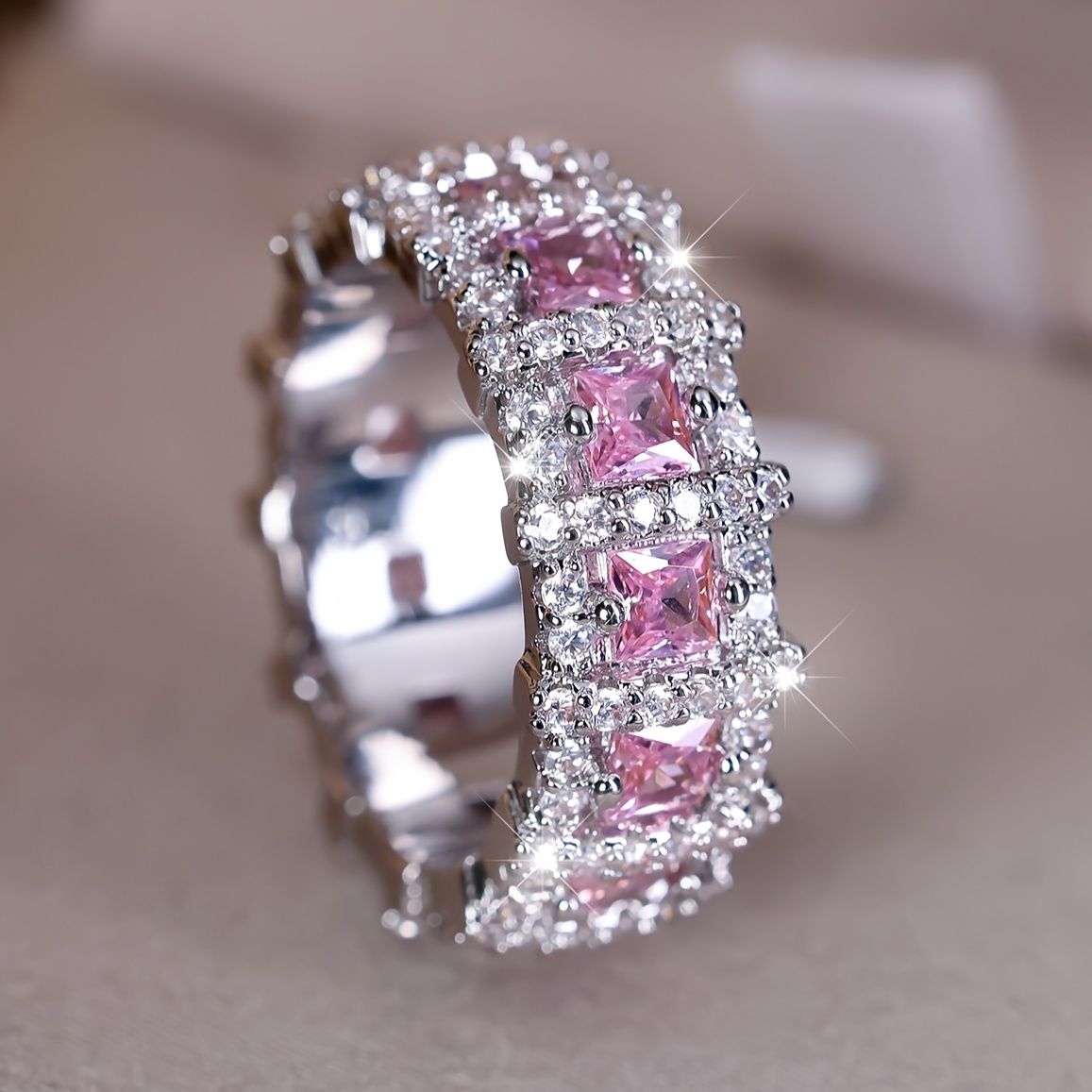 Elegant Pink Synthetic Zirconia Ring, Perfect Gift for Her