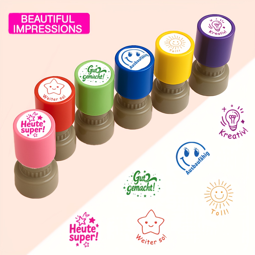 Image of 6pcs German Color Stamp, Classroom Grading Seal, German Motivational Phrases, Automatic Ink , Efficient Teaching Learning, For Classroom Learning, Homework Correction, Scoring
