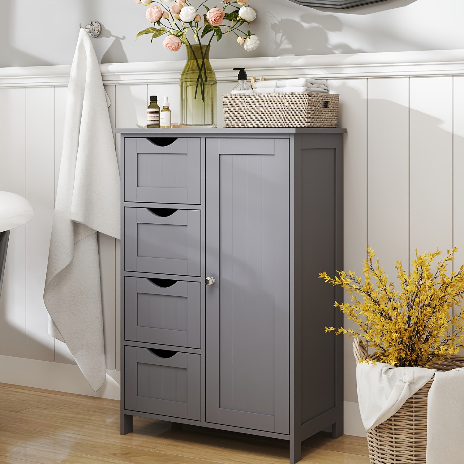 Image of Bathroom Cabinet, Narrow Bathroom Cabinet, Side Cabinet, Chest Of Drawers, With 4 Drawers, Adjustable Shelf, 30 X 55 X 82cm
