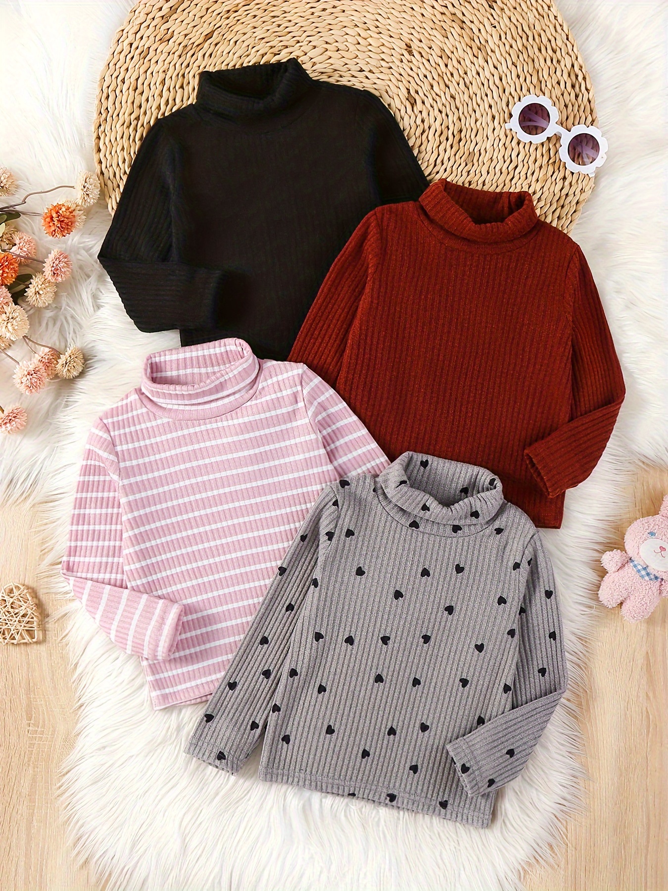 4pcs Girls' High-Neck Stylish Pullover Sweater Set, Autumn/Spring
