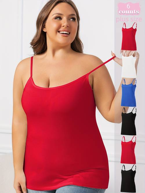 6pcs womens plus size adjustable thin strap tank loose fit longline semi sheer stretchy fabric round neck casual for layering or outerwear solid colors red black blue white gray black spring summer fall curvy plus tank everyday versatile clothing semitransparent fabric