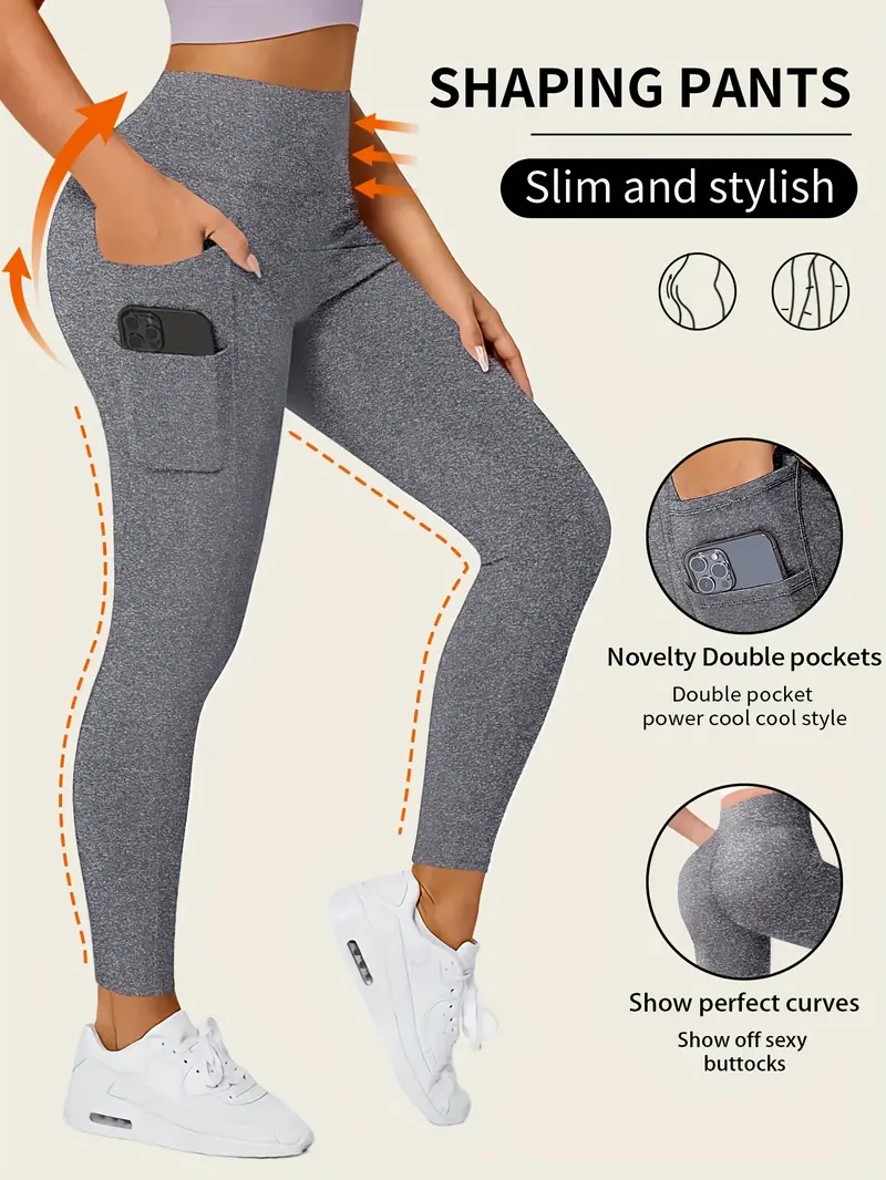Solid Color Yoga Pants Pocket High Stretch Stretch Running - Temu