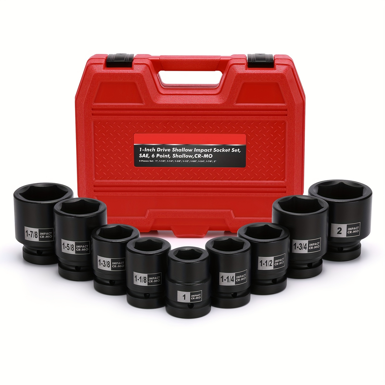 

1-inch Drive Spindle Axle Nut Impact Socket Set, Shallow, 1" To 2", 9pcs Impact Large Socket Set, 6-point, Sae, Cr-mo, 1", 1-1/8", 1-1/4", 1-3/8", 1-1/2", 1-5/8", 1-3/4", 1-7/8", 2