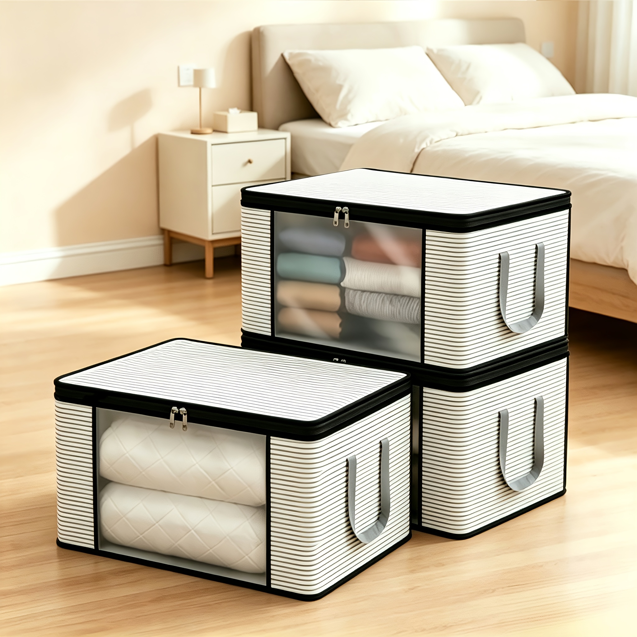 TEMU 3pcs Extra Large Gray Striped Foldable Storage Boxes, With Zipper And Lid, Reinforced Handle Durable Folding Organizer, Suitable For Bedding,