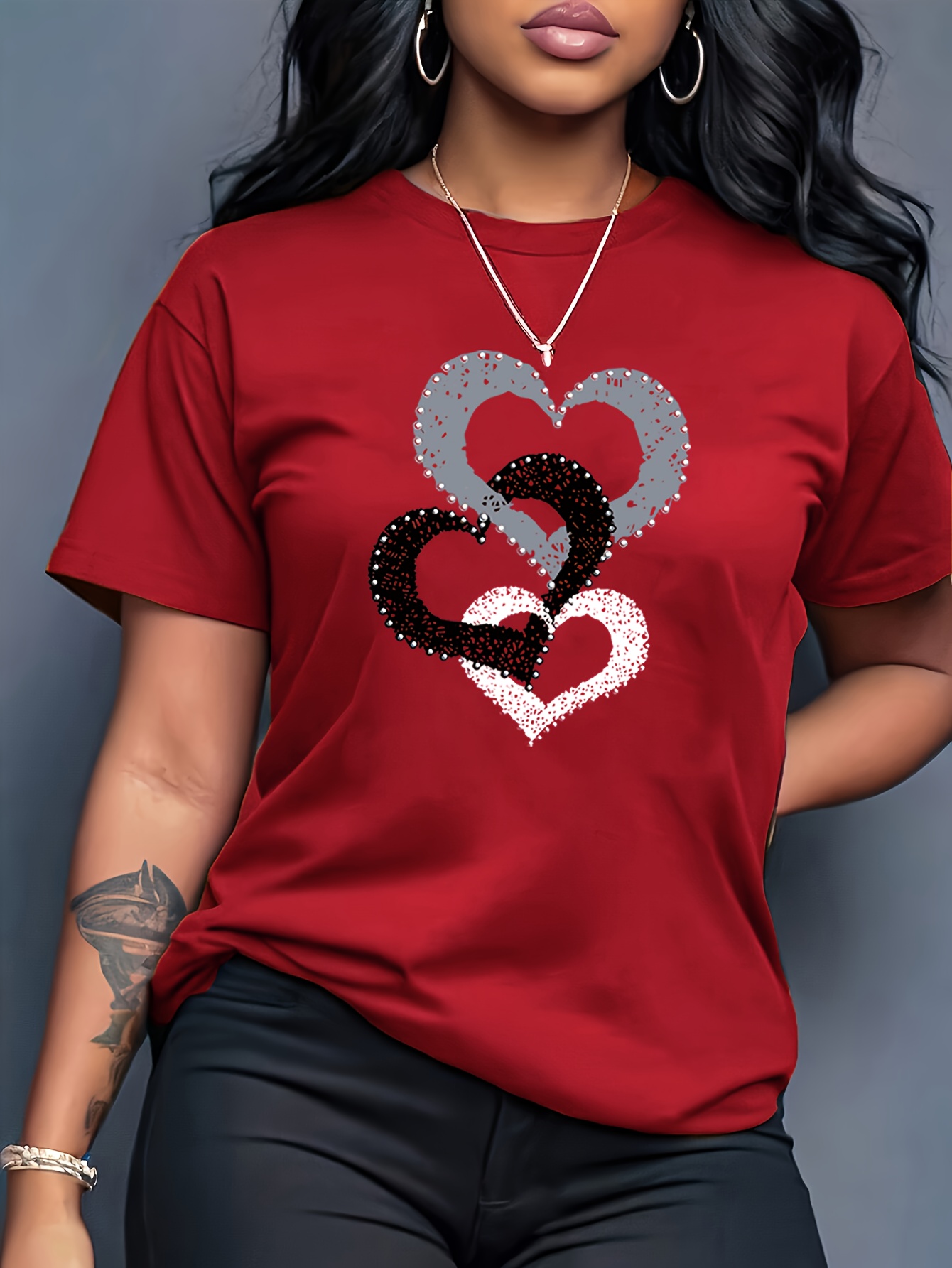 T-shirt Cœurs Femme Col Rond T-shirt pour femme à col rond et manches courtes, décontracté, sportif et tendance, avec imprimé graphique de lettres