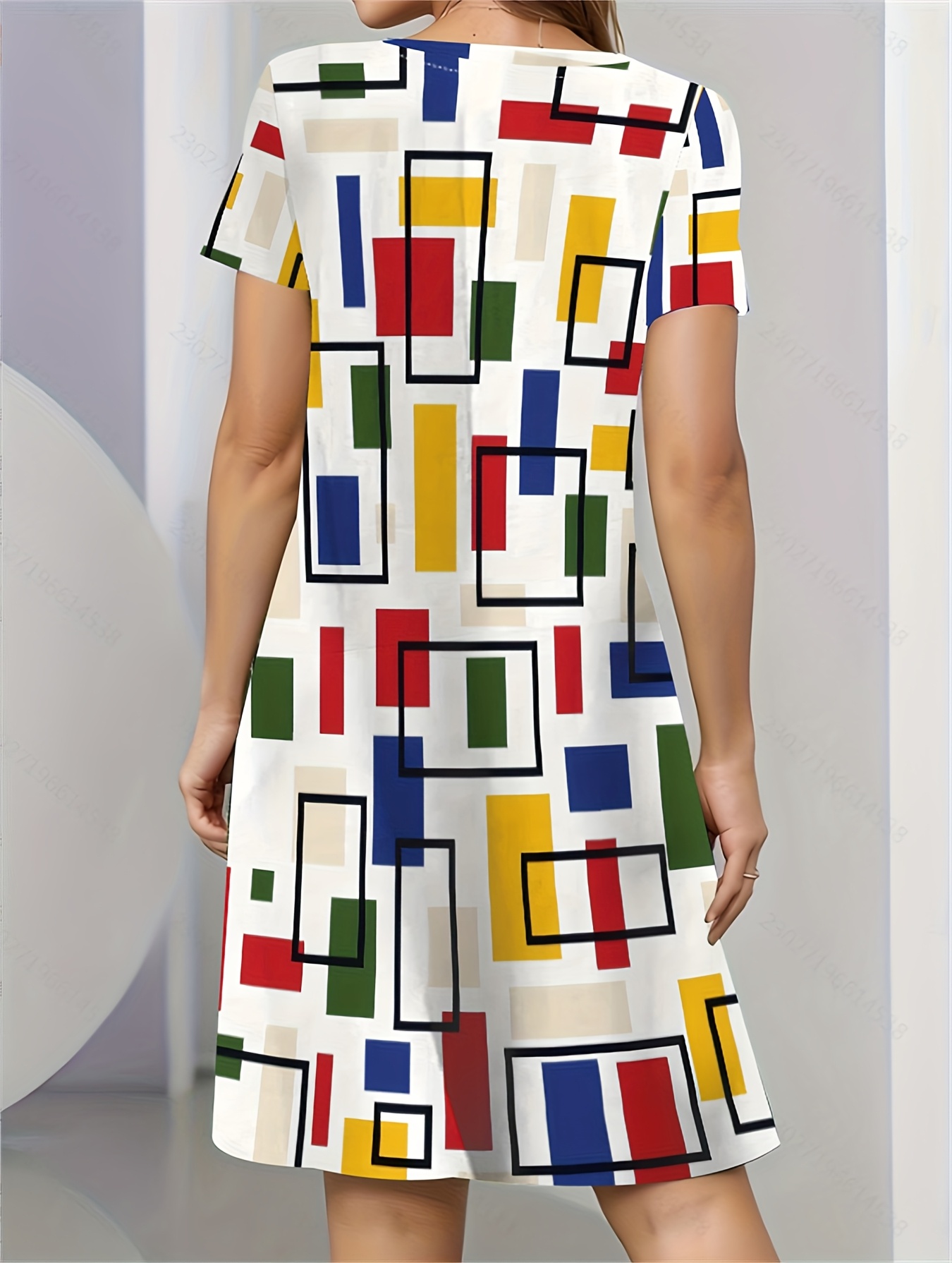 Women'S Trendy Short-Sleeve Dress with 3D Printed Round Neck And Checkered Pattern