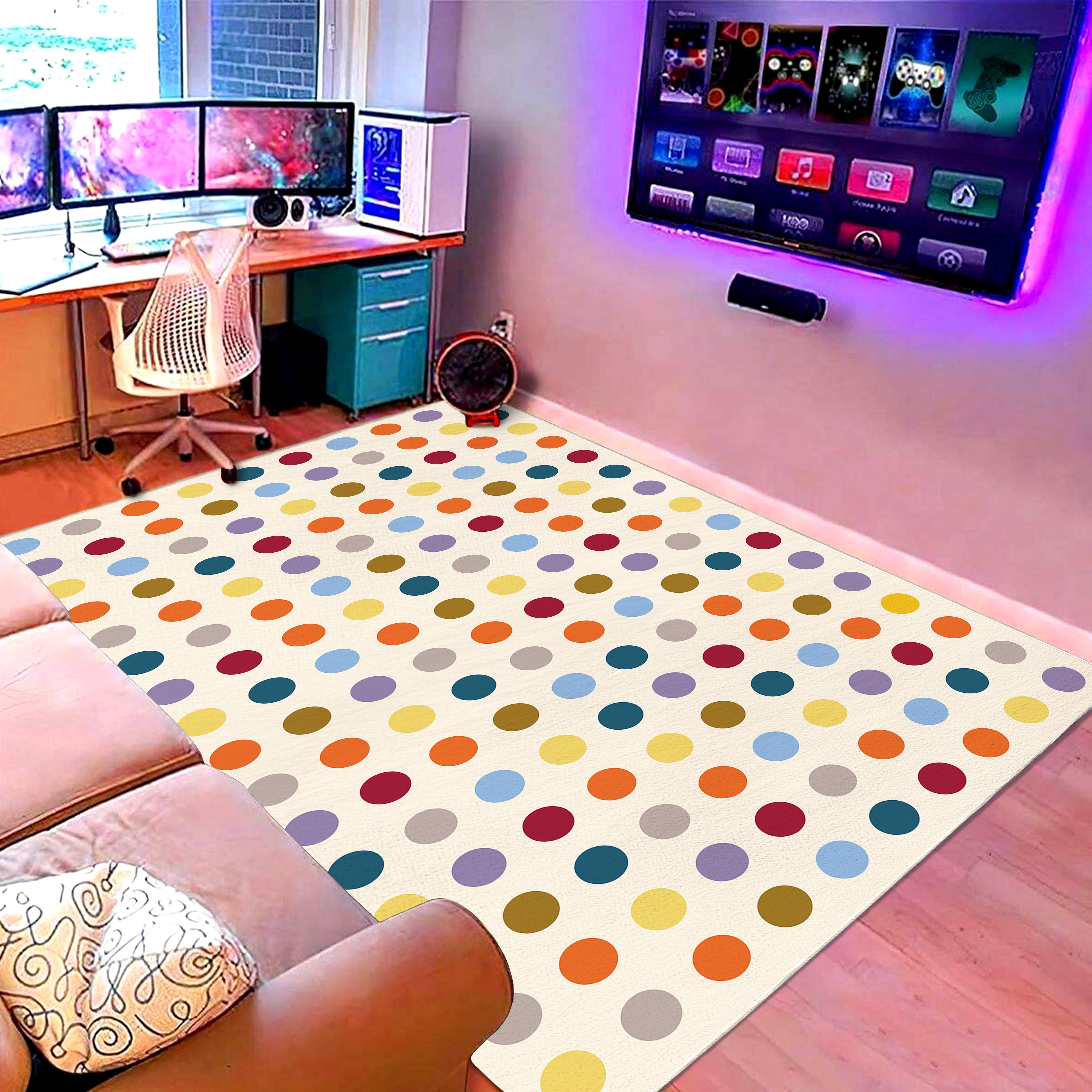 

Polka Dot Area Rug - Machine Washable, Lightweight, Non-slip, Tufted Polyester Carpet For Living Room, Bedroom - Low Pile, Rectangular Indoor Rug With Pvc Backing - Modern Geometric Design