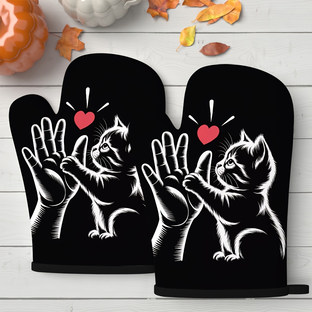 TEMU 2pcs Cat-themed Oven Mitts Suitable For Baking, Heat-resistant Oven Gloves With Cat Hands Silhouette & Watercolor, Polyester Kitchen Accessories