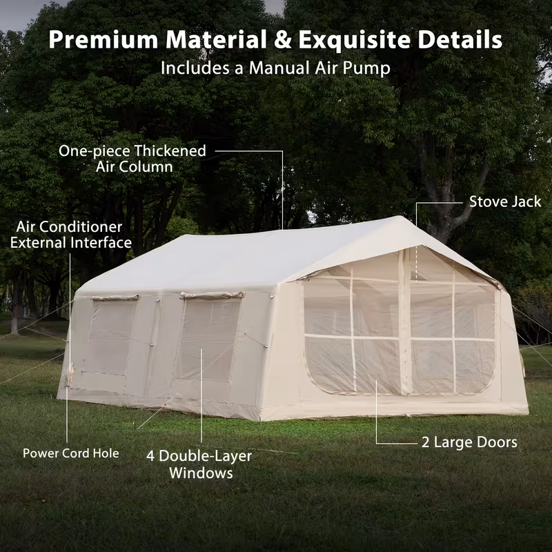 186sq ft inflatable camping tent with hand pump easy setup outdoor blow up tent 4 season glamping air tents cabin house with windows door Product details 7