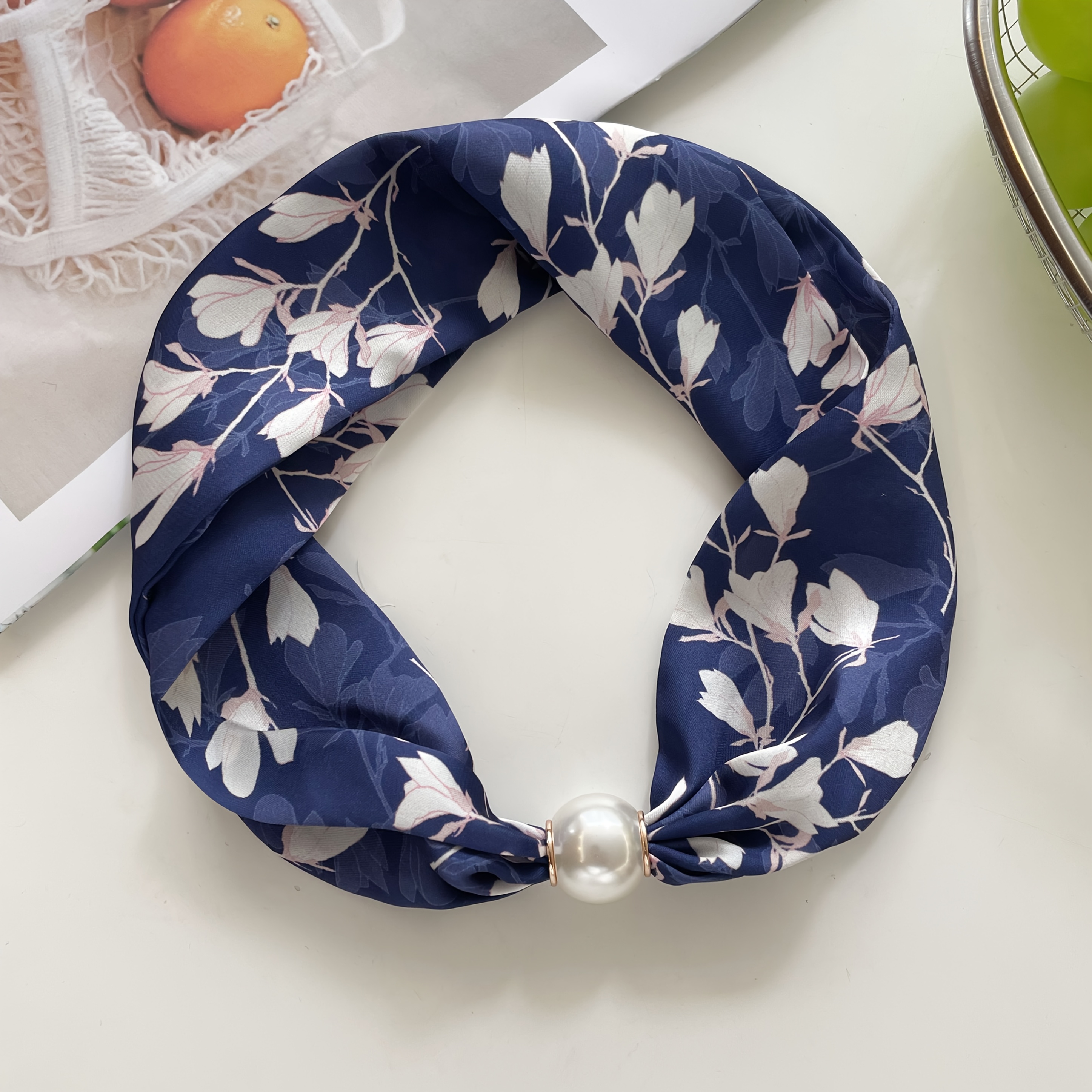 TEMU Women's /korean Style Magnolia Branch Scarf Suitable For Daily Outfits, Office & Dates - Soft Blouse Accessories With Clasp, Lightweight