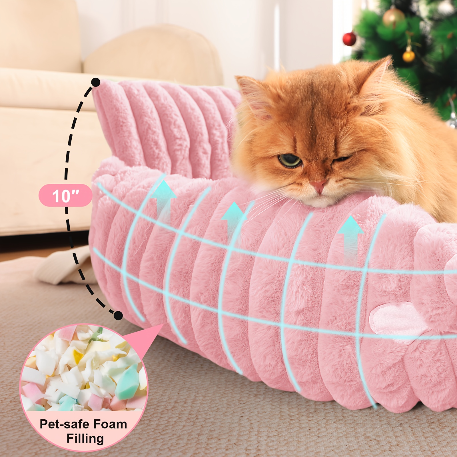 kylinsure fluffy cat sofa bed detachable washable pet bed with striped design beige pink gray green brown soft cushioned lounge chair for cats puppies durable indoor outdoor use cat furniture bed   furniture plush pet furniture   pet furniture pet lovers Product details 2