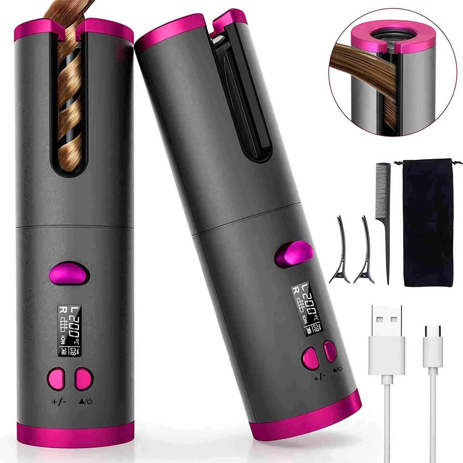 

Automatic Cordless Hair Curler, Portable Usb Rechargeable Curling Iron, Lcd Display, Suitable For Travel And Quick Styling