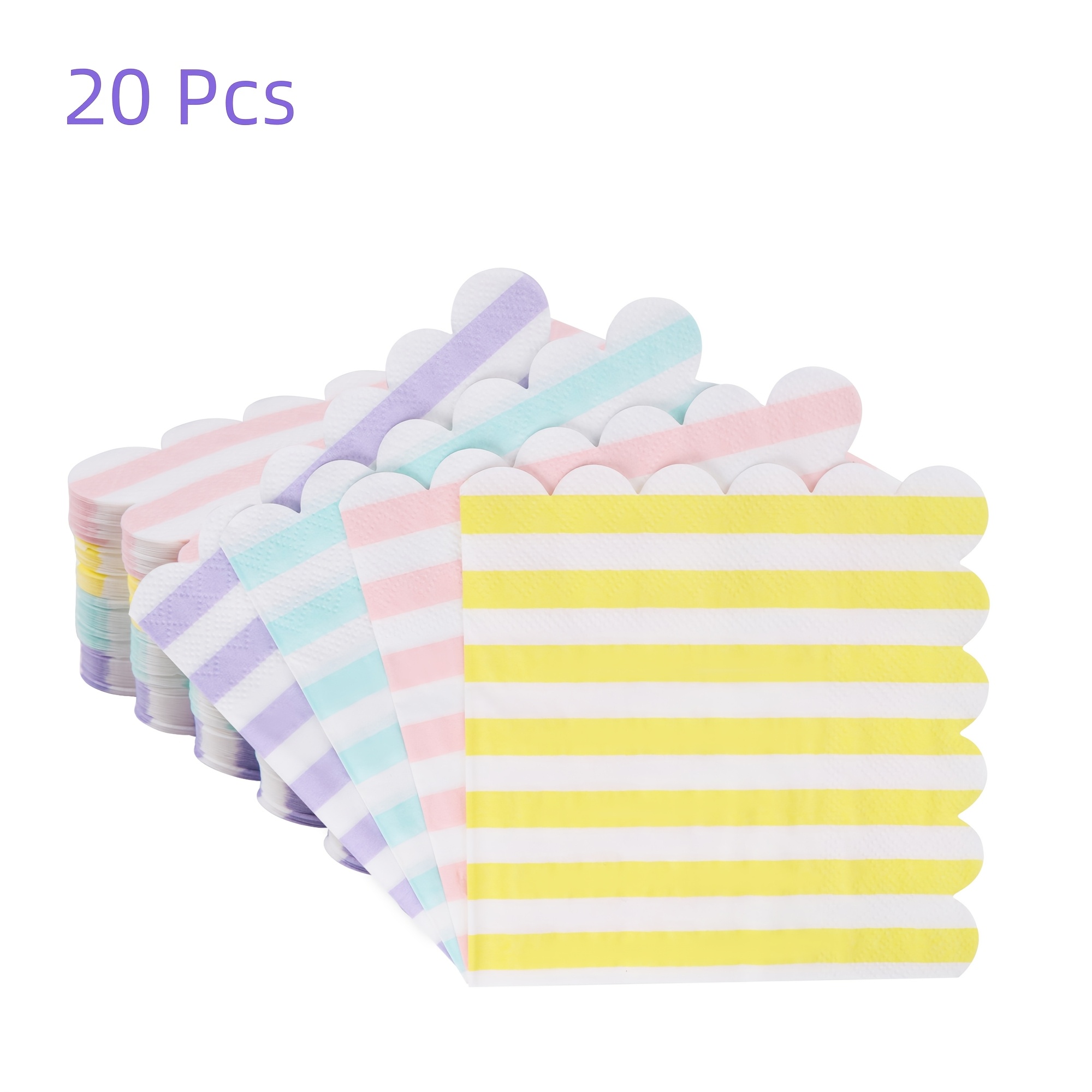 Image of 20pcs Colorful Stripe Napkins Cocktail Napkins With Scalloped Edges 5 X 5 Inch Dinner Napkins Disposable Thick Paper For Wedding Dinner Birthday Party- 4 Colors Pink Purple Yellow Blue