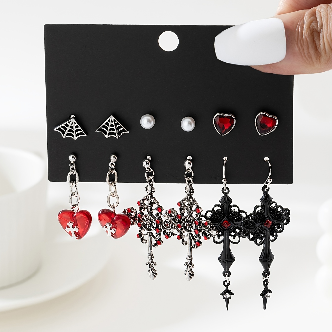 Image of 6 Pairs Dark Gothic Style Spider Web Heart Inlaid Brick Lace Flower Cross Premium -match Ear Jewelry Set Card