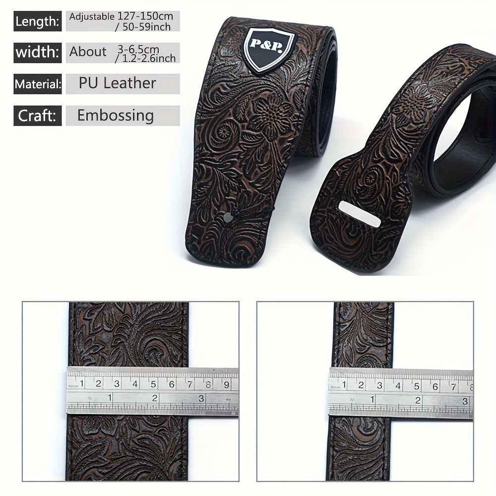 6.35 Cm Guitar Strap Genuine Faux Leather Adjustable Soft Embroidered Belt For Classical Bass Music Hobby Guitar Accessories (Random Pattern)
