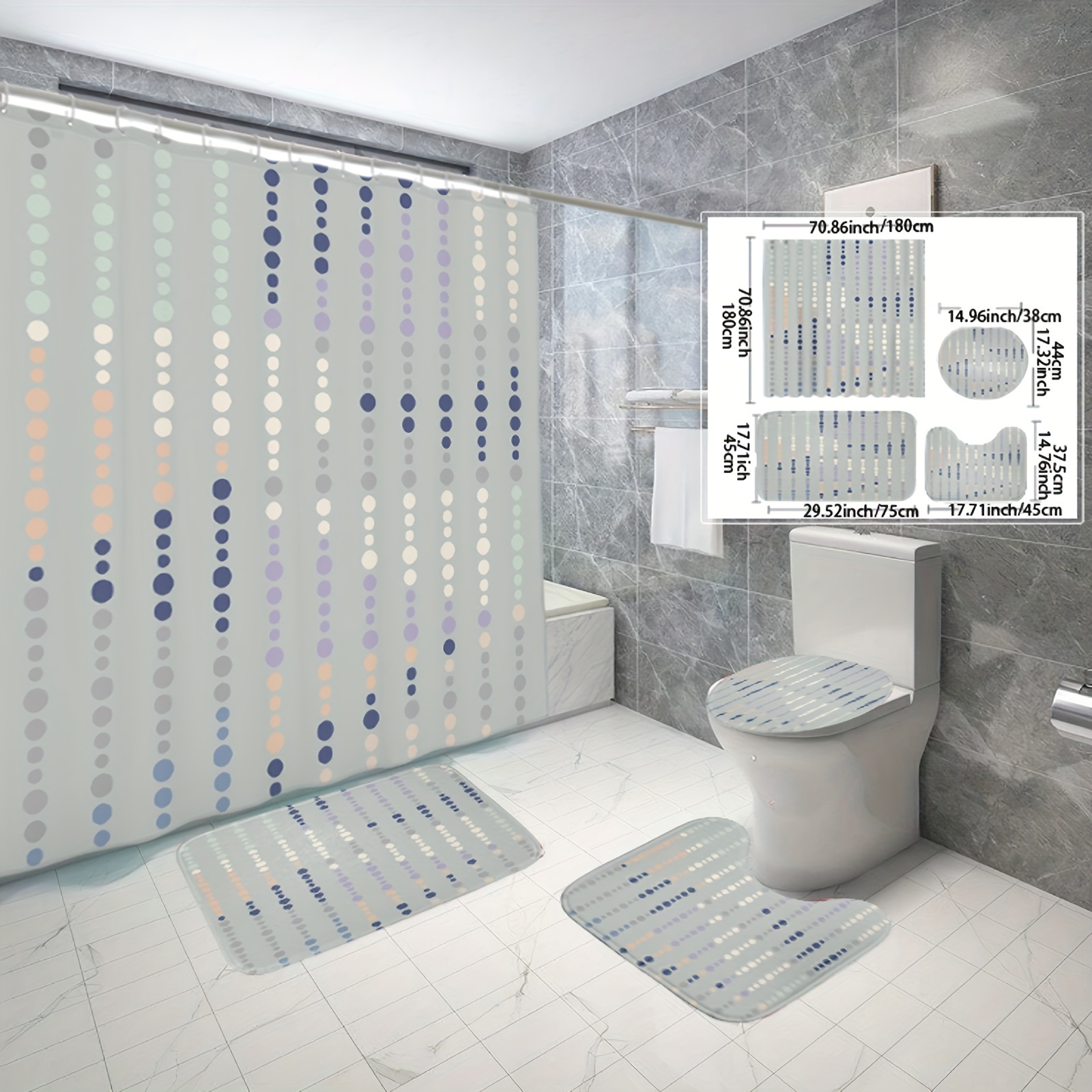 

Polka Dot Shower Curtain Set With Non-slip Bath Rugs And Toilet Lid Cover, Modern Digital Print Waterproof Bathroom Decor, Cordless And Woven Polyester, All-season Artistic Design With Lining Included
