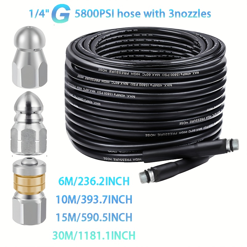 gambar barang set kit saliran mesin cuci tekanan, hos pembersih saliran terbaharu 5800psi, g 1/4 inci dengan 3 unit   jetter pembentung 1/4 5000psi