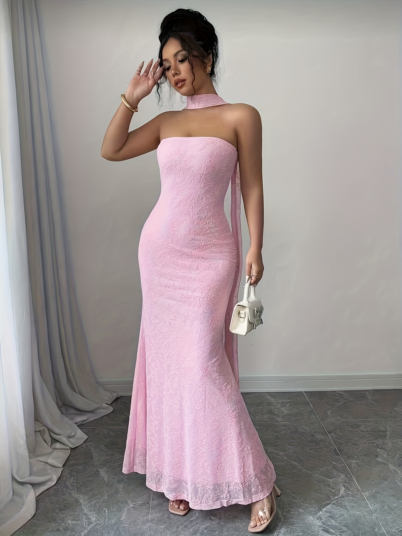 womens fashion soft pink lace halter neck long dress evening - Temu Bahrain