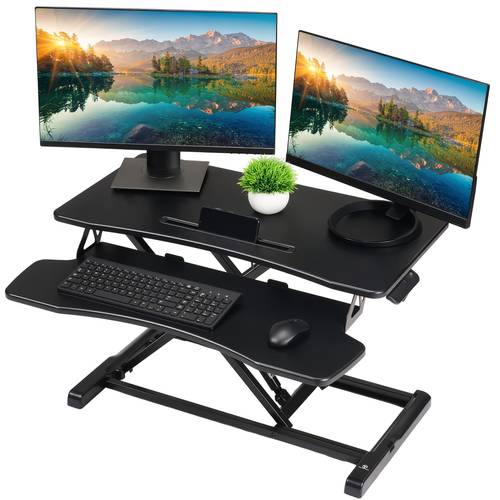 32 wide height adjustable sit stand up desk riser with keyboard tray desktop workstation riser for home office computer laptop black