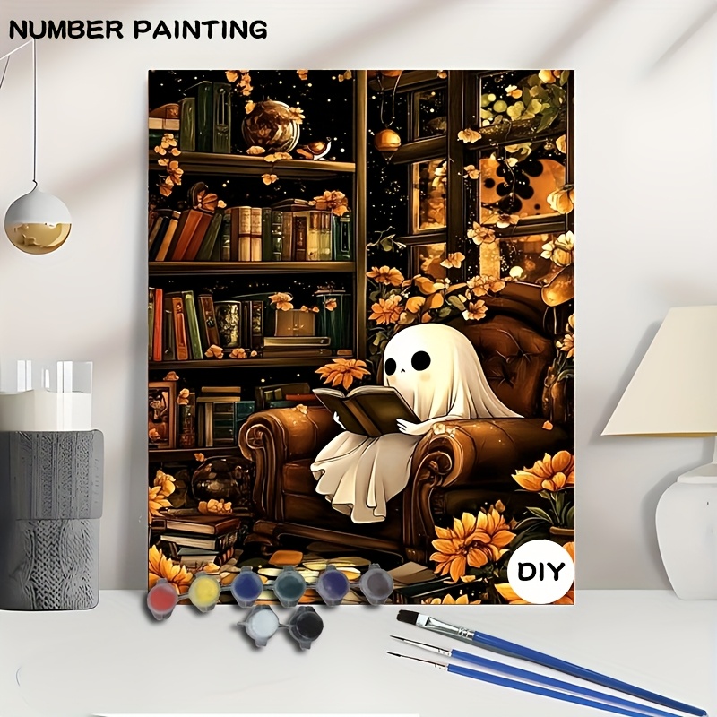 DIY Digital Painting Kit Library Scene Ghost Reading Autumn Canvas Home Decor