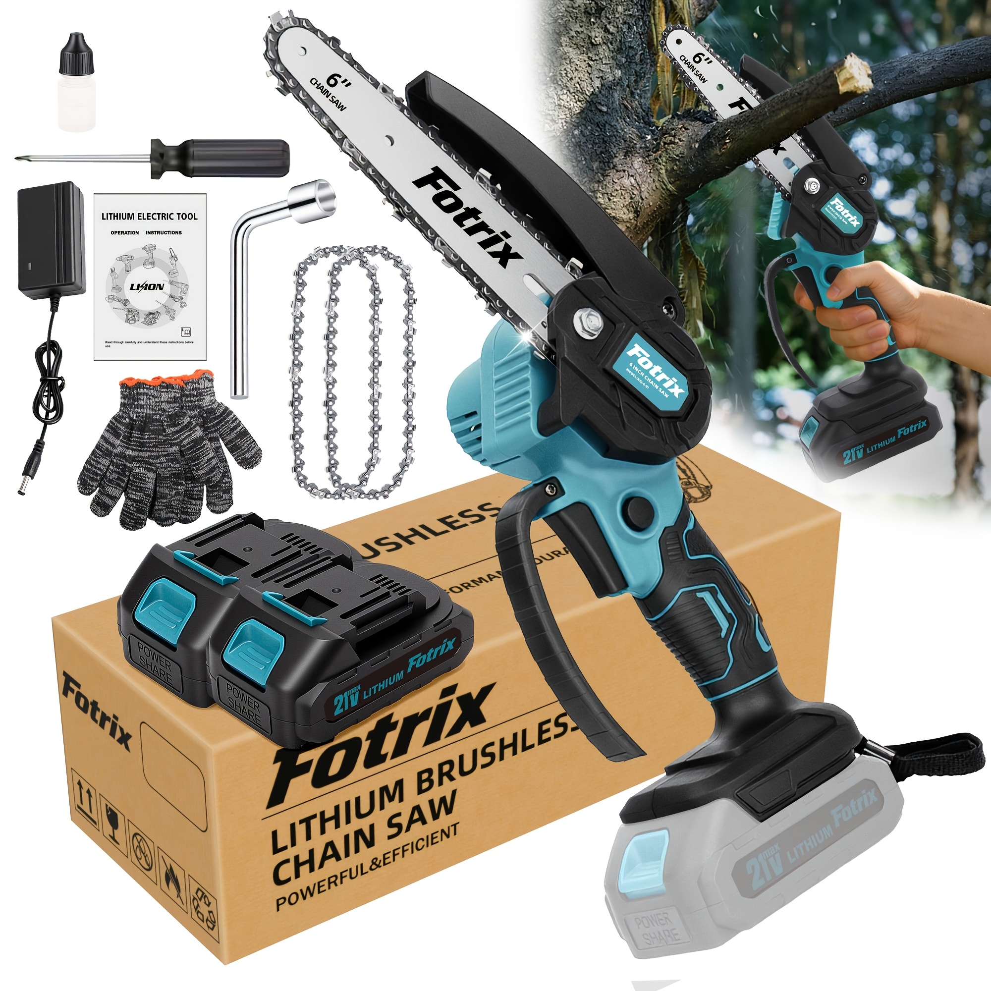 6/8-Inch Cordless Mini Chainsaw Combo, Handheld Electric Chain Saw with Battery & Charger for Tree Trimming, Wood Cutting, Garden Pruning, Yard Work, Logging, Landscaping, Branch
