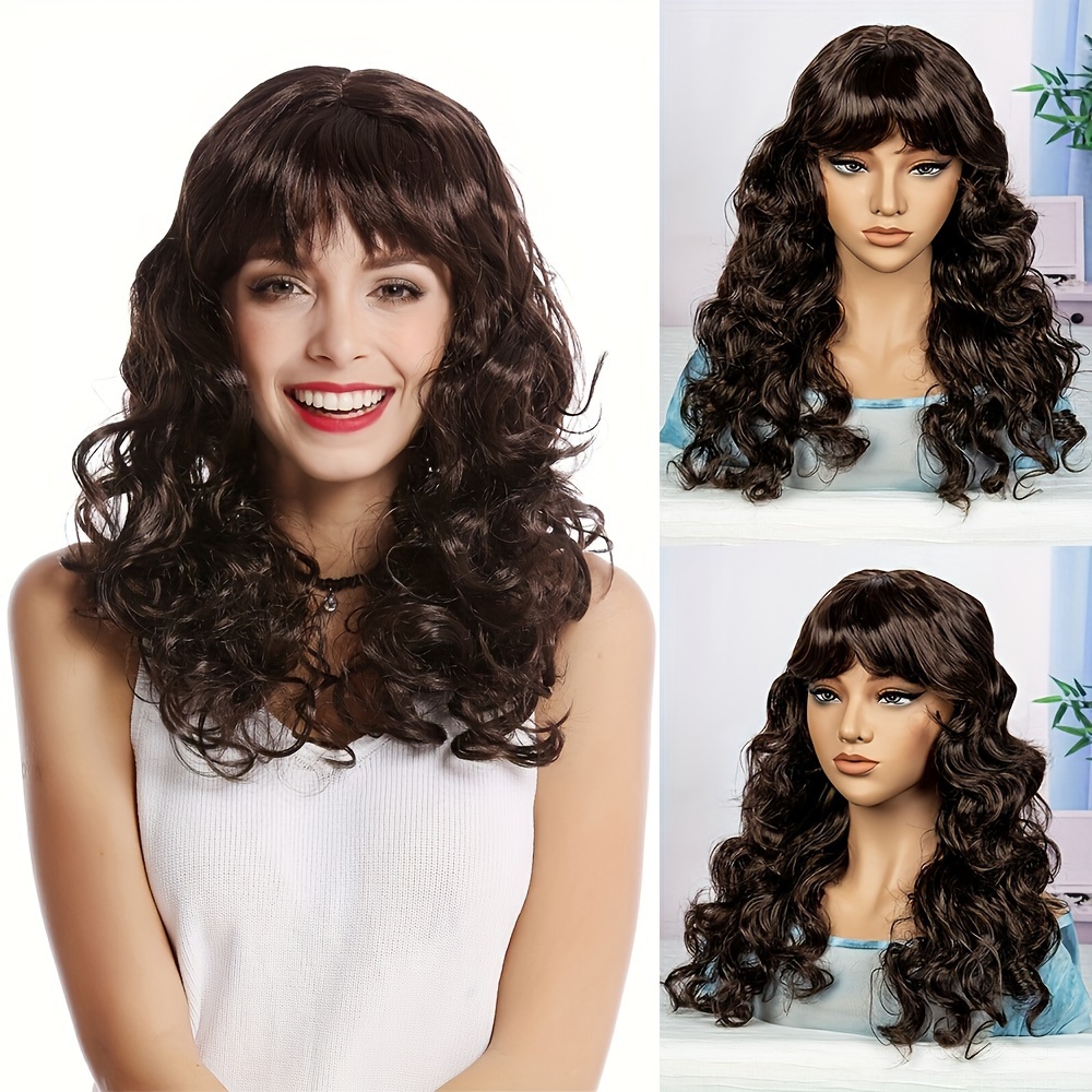 Long Wavy Wig With Bangs Natural Synthetic Curly Wig 22 Inch Body Wavy Hair Replacement Black Wigs For Women Daily Party Use